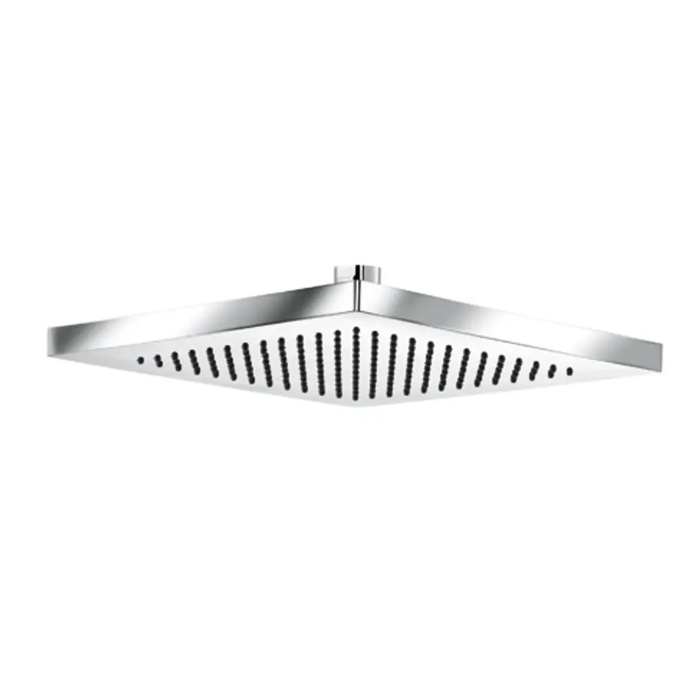 Eckige Metall-Duschbrause mit glänzender Oberfläche und gleichmäßig verteilten Auslasslöchern, designiert von Kludi.